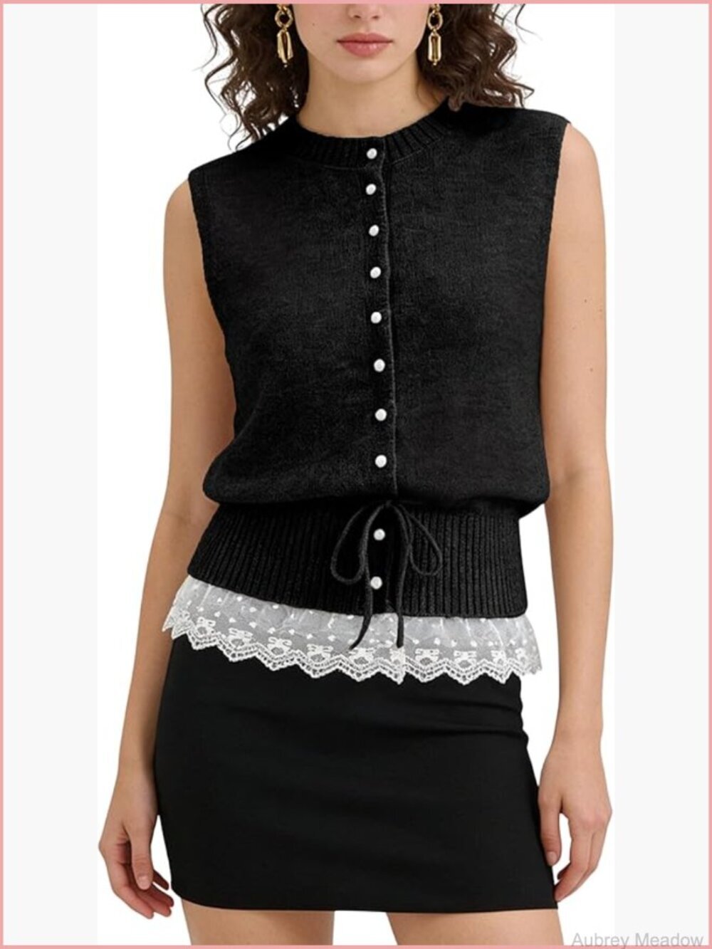 Womens Sleeveless Knit Cardigan Vest with Lace Hem Button Down Top